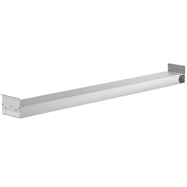 A long stainless steel rectangular object with a button.