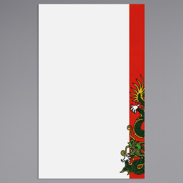 Menu paper with a white rectangular right insert with a red and green dragon design.