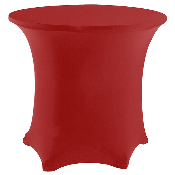 A red Snap Drape contour spandex table cover on a round table.