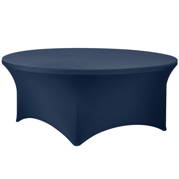 A navy Snap Drape spandex table cover on a round table.