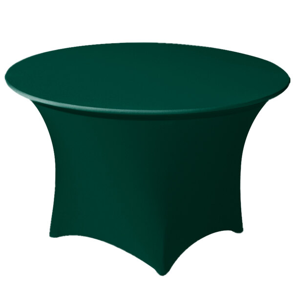 A hunter green Snap Drape Contour spandex table cover on a round table.