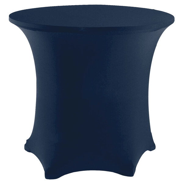 A navy blue Snap Drape spandex table cover on a round table.