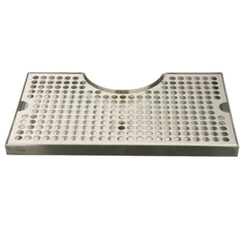 A stainless steel Micro Matic surface mount drip tray with holes in it.
