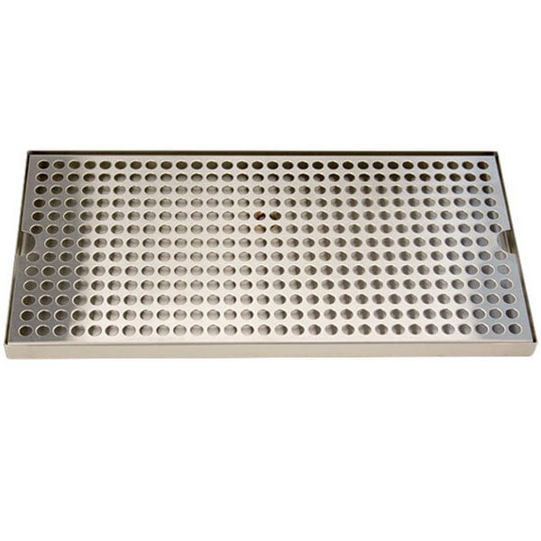 A stainless steel Micro Matic surface mount drip tray with a drain grate.