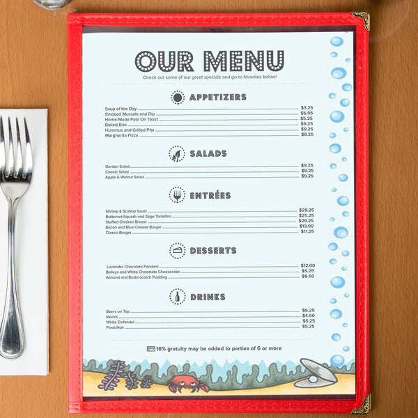 Choice 8 1/2" x 11" Menu Paper Seafood Themed Bubbles Design Right