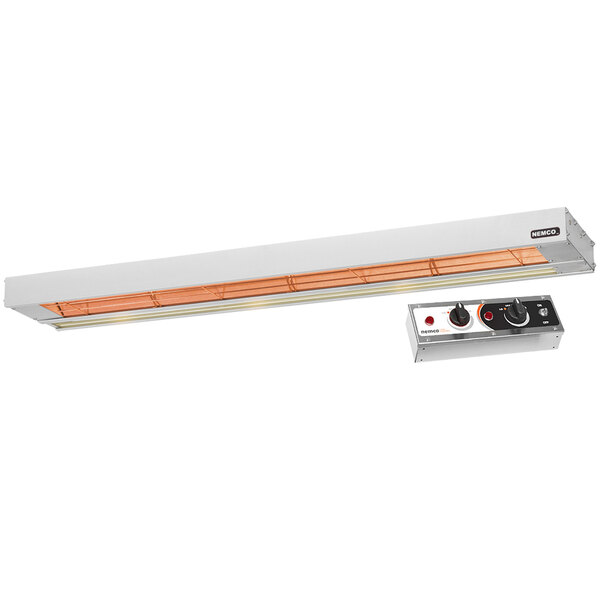 A white Nemco strip warmer with a black and white control panel and orange stripes.
