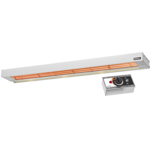A white Nemco infrared strip warmer with a silver rectangular strip over the heating elements and a remote control box.