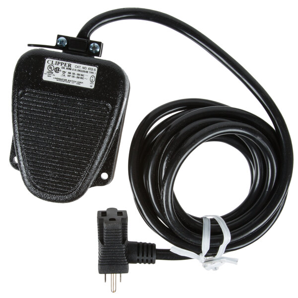 A black metal Hamilton Beach foot pedal with a black cable and white label.