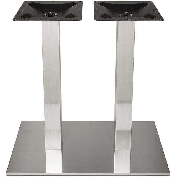 BFM Seating Elite Standard Height Outdoor / Indoor 16" x 30" Brushed Stainless Steel Double Column Rectangular Table Base