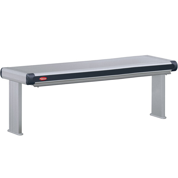 A grey stainless steel Hatco Glo-Ray double infrared strip warmer with red buttons on a metal bench.
