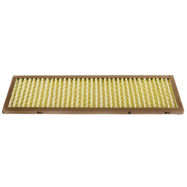 A yellow rectangular air filter with wire mesh.
