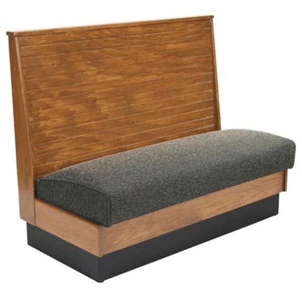 An American Tables & Seating wood wall bench with a grey cushion.