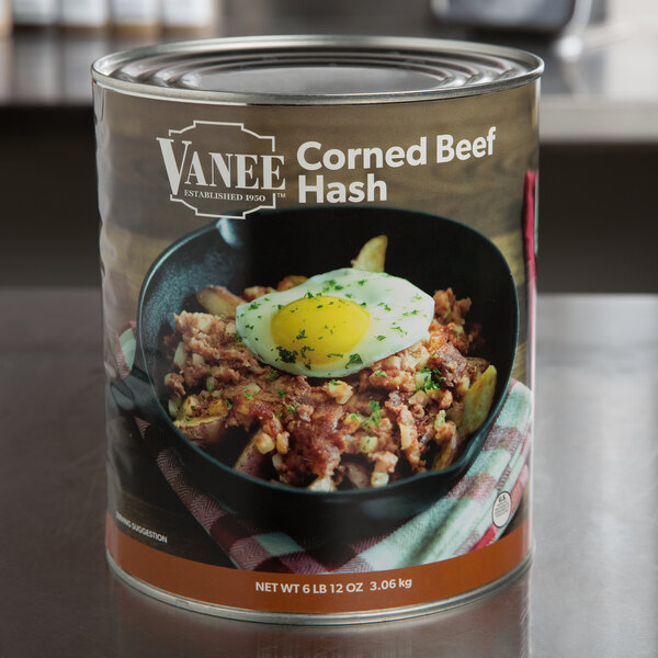 A can of Vanee Corned Beef Hash on a table.