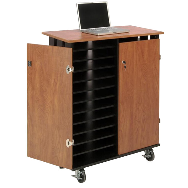 An Oklahoma Sound laptop charging station and storage cart with a laptop on top.