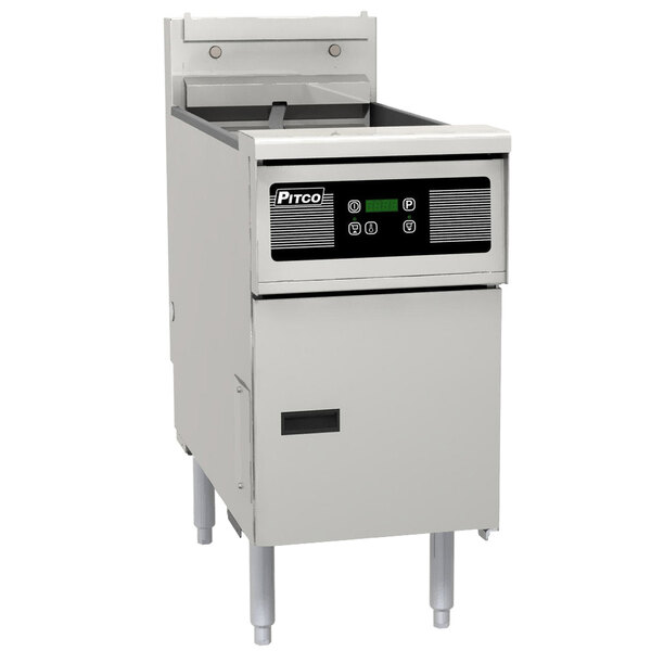 A white Pitco Solstice electric floor fryer with a black digital panel.