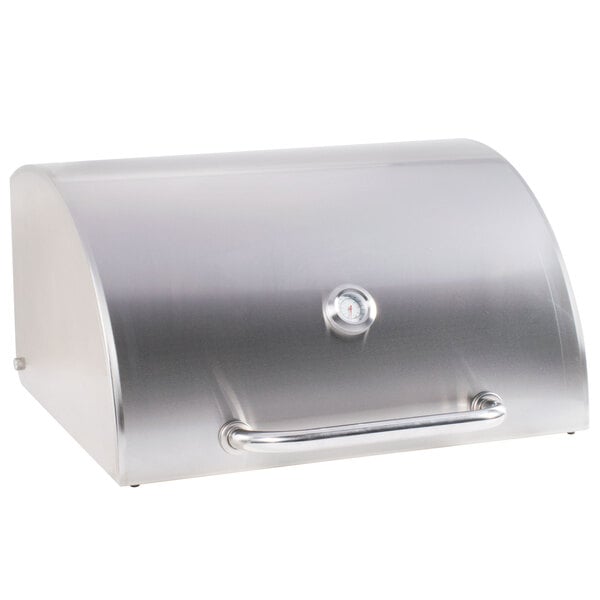 A stainless steel Backyard Pro roll dome lid for a barbecue grill with a thermometer.