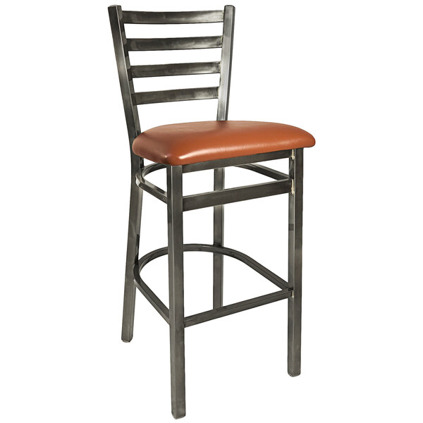 A BFM Seating metal bar height chair with a light brown vinyl cushion.
