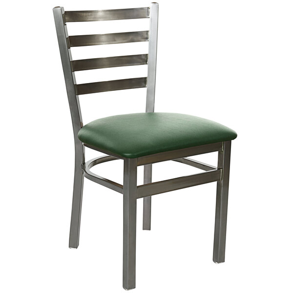 A BFM Seating Lima steel side chair with a green vinyl seat and back.