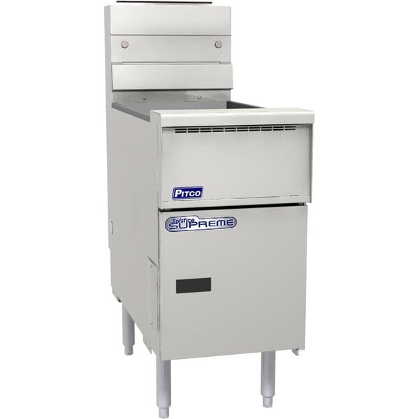 A Pitco Solstice Supreme liquid propane floor fryer with stainless steel cabinet.