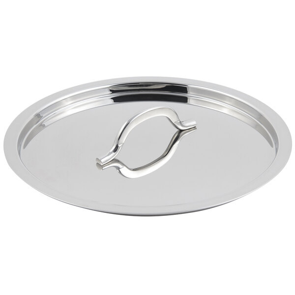 A silver stainless steel Bon Chef Country French lid with a handle.