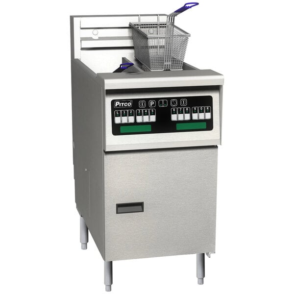 A Pitco Solstice electric fryer with an Intellifry computer panel and a basket.