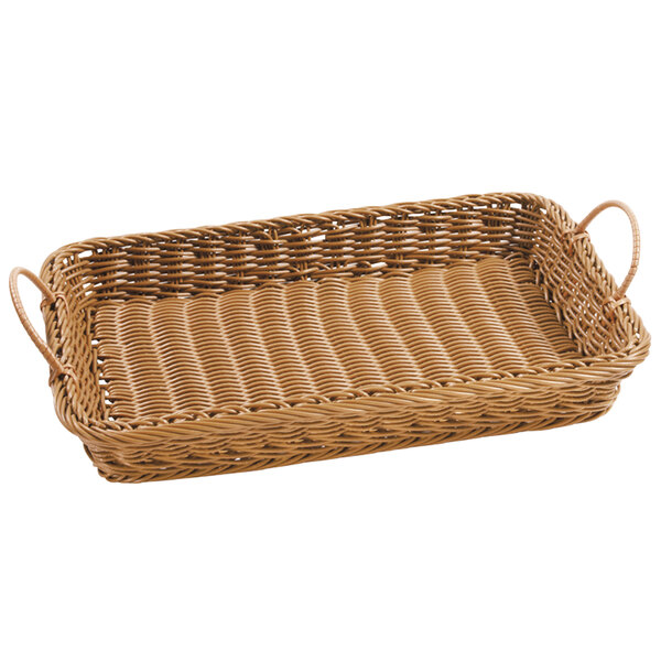 A honey rectangular plastic basket with handles.