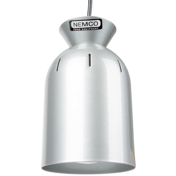 A silver Nemco ceiling mount infrared bulb food warmer.