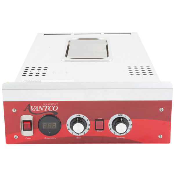 A white and red Avantco holding and proofing control drawer assembly with knobs and dials.