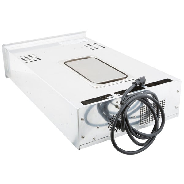 A white rectangular box with a black border and a black wire.