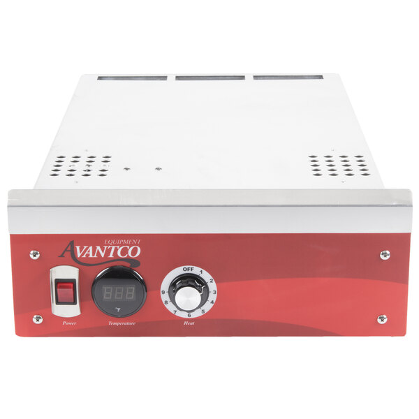 An Avantco heating drawer with red and white components.