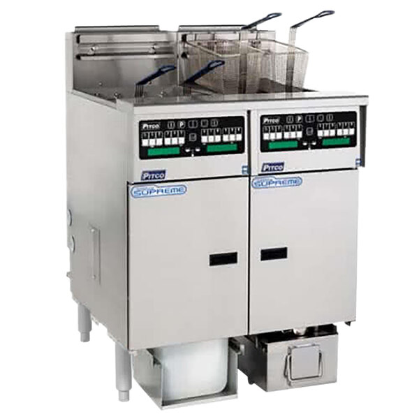A Pitco stainless steel gas fryer system with two baskets.