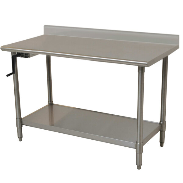 A Eagle Group stainless steel work table with undershelf and left crank.