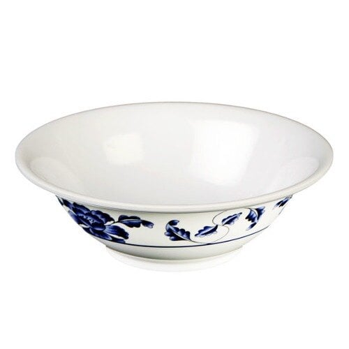 A white Thunder Group melamine deep bowl with blue lotus flowers on it.
