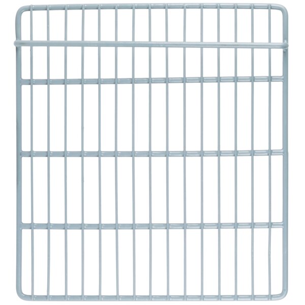A white coated metal wire shelf with bars on it.