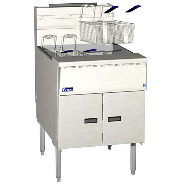 A white Pitco MegaFry floor fryer with stainless steel rectangular top and Solid State Thermostatic Controls.