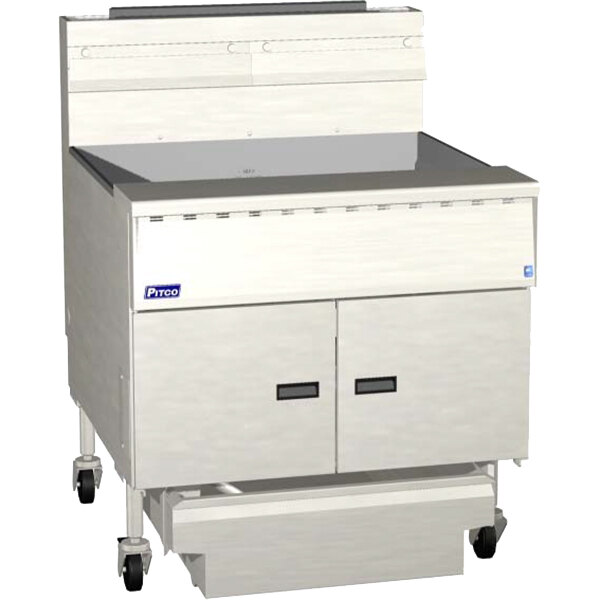 A white rectangular Pitco MegaFry floor fryer with a lid.