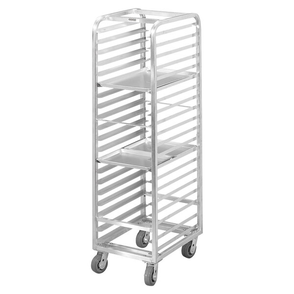 A Channel metal sheet pan rack with four shelves on wheels.