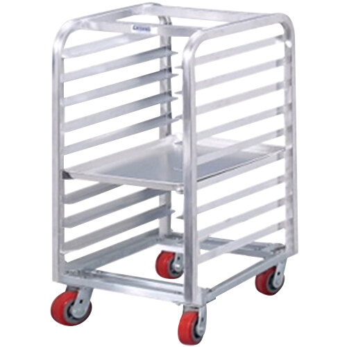 A Channel metal bun pan rack with red wheels.