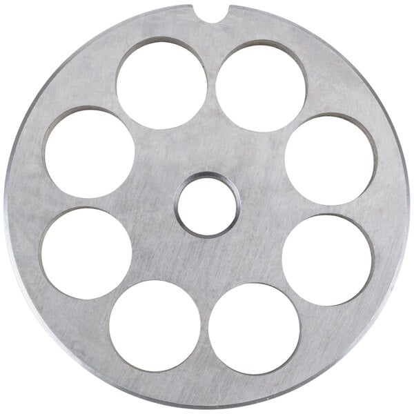 A Globe #12 meat grinder plate with 8 holes.