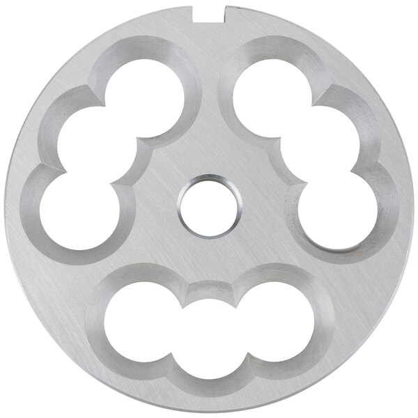 A stainless steel Globe #22 stuffing plate with circular holes.