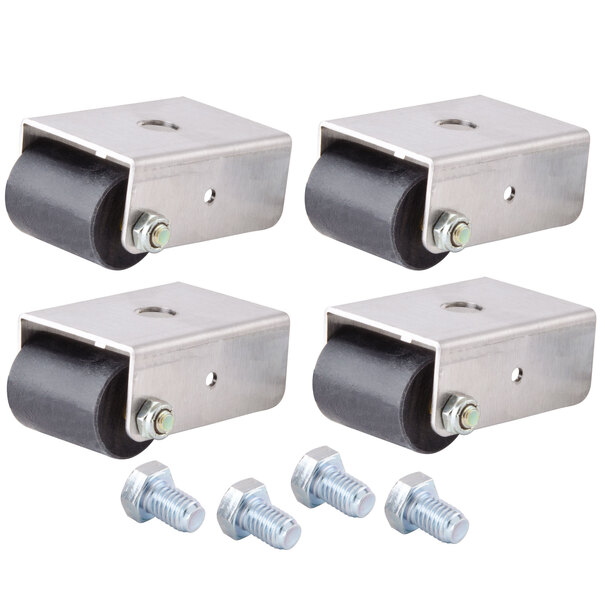 A set of 4 metal and black stainless steel roller casters with screws.