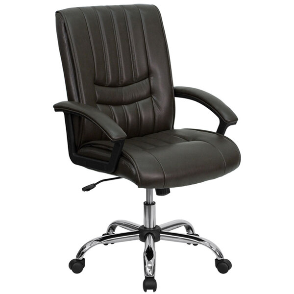 A brown Flash Furniture mid-back office chair with chrome base and wheels.
