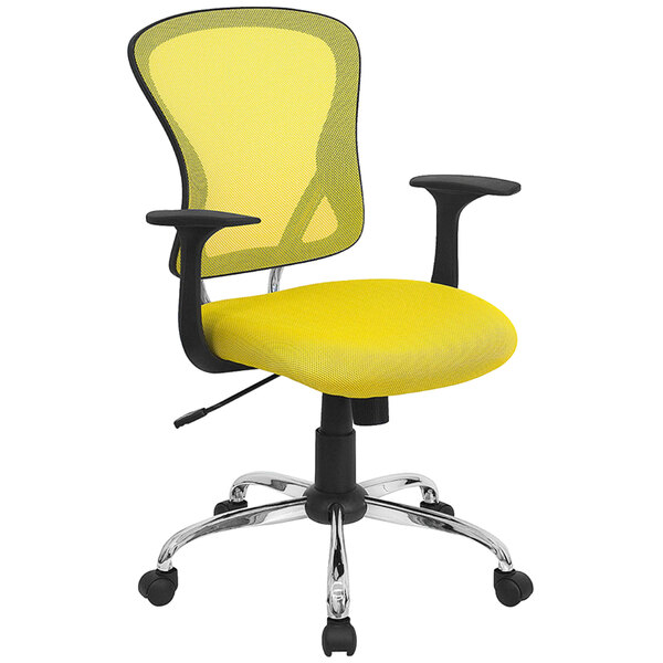 Flash Furniture H-8369F-YEL-GG Mid-Back Yellow Mesh Office Chair with Arms, Padded Seat, and Chrome Base