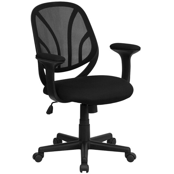 Flash Furniture GO-WY-05-A-GG Mid-Back Black Mesh Computer / Task Chair with Upholstered Seat and Padded Arms
