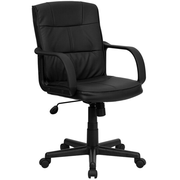 Flash Furniture GO-228S-BK-LEA-GG Mid-Back Black Leather Office Chair with Arms and Heavy-Duty Nylon Base