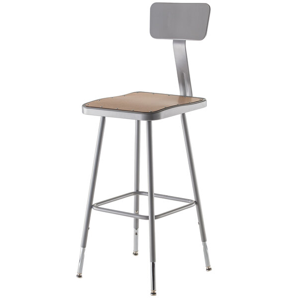 A National Public Seating gray metal lab stool with an adjustable wooden seat and back.