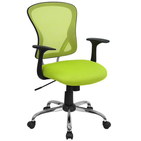 Flash Furniture H-8369F-GN-GG Mid-Back Green Mesh Office Chair with Arms, Padded Seat, and Chrome Base