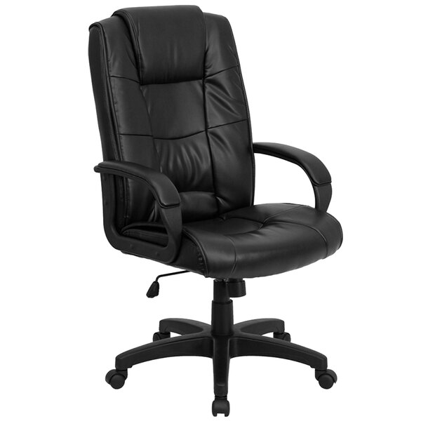 Flash Furniture GO-5301B-BK-LEA-GG High-Back Black Leather Executive Office Chair with Nylon Base, Padded Back, and Padded Arms