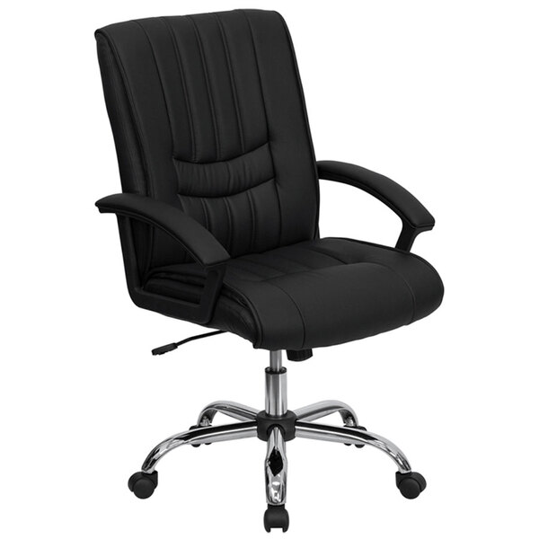A Flash Furniture black leather manager's office chair with chrome base and wheels.
