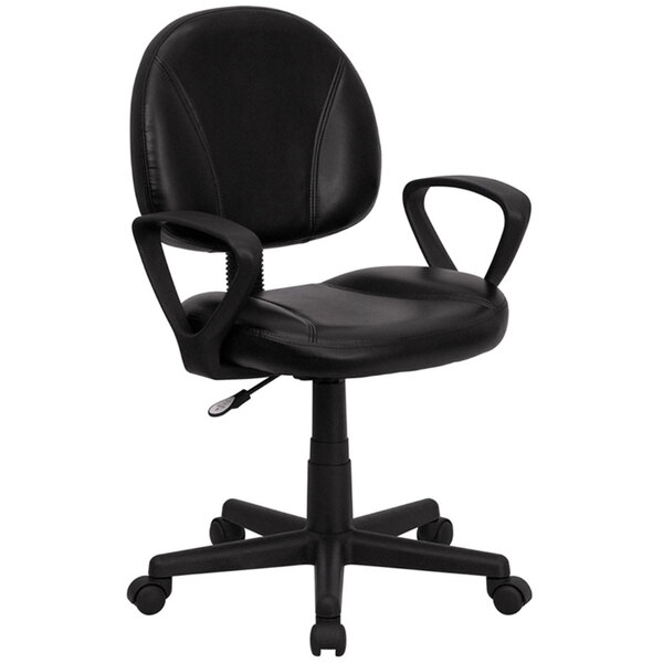 A black Flash Furniture mid-back office chair with arms and wheels.